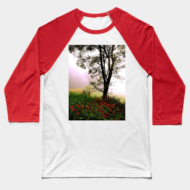 Foggy Roadside Red Baseball T-Shirt by Tovers